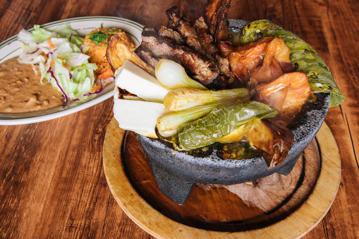 Mexican Molcajete  with Meat, Shrimps and Vegetables 